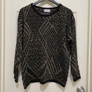 Vintage Arielle Knit Pullover Sweater‎ Black Gold Metallic 80s 90s USA Made L XL